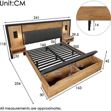 Lit double rembourré 160×200, ensemble de lit avec lampe de lecture, table de chevet USB-C et banc de rangement, structure de lit avec sommier à lattes en métal, bois et lin, chêne (avec matelas)