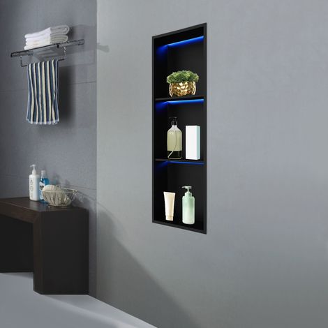 Wandnische Dusche Edelstahl mit LED-Licht, Doppel-Duschnische Schwarz Lagerung für Badezimmer