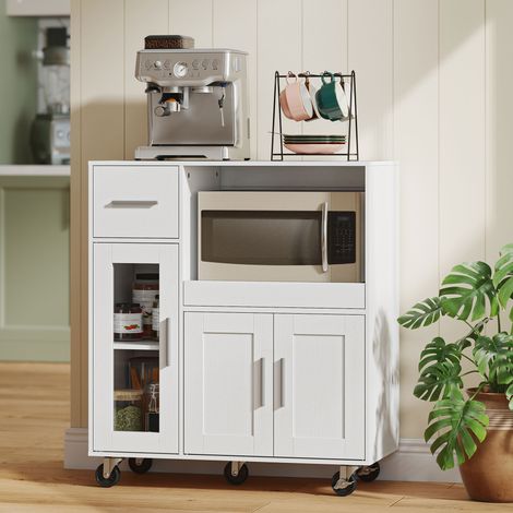 Meuble de cuisine mobile sur roulettes, avec étagères, tiroirs, étagère réglable, passe-câbles, blanc (1/4)