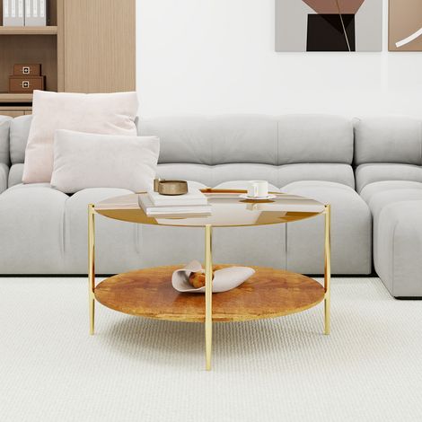 Couchtisch rund aus gehärtetem Glas in Gold und Holz, 82 cm, Metallgestell