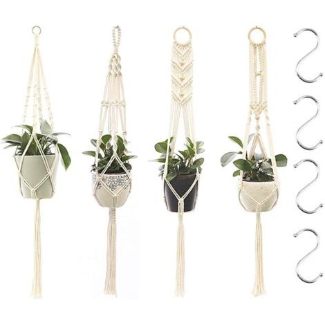 Suspension Plantes Macramé, 4 Pièces Macramé Panier de Supports de Plantes avec 4 Crochets de Suspension, Tissés à Main Fleurs en Macramé Plant Hangers pour Jardin Décor Intérieur Extérieur (1/4)