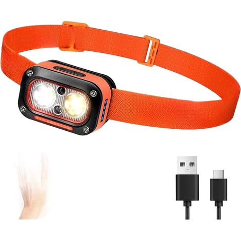 Lampe frontale LED étanche avec détecteur de mouvement, chargement USB et 3 modes d'éclairage dont stroboscopique, pour extérieur et atelier (B)