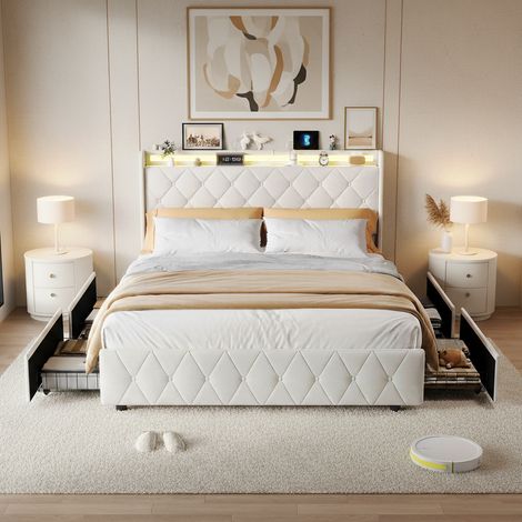 Lit double avec rangement 160x200 - Lit adulte capitonné en velours, 2 place, avec 4 tiroirs, LED, USB, décoration cloutée et sommier à lattes - Beige (1/5)