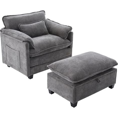 Poltrona moderna extra grande in ciniglia grigia con pouf contenitore e tasca laterale (1/5)
