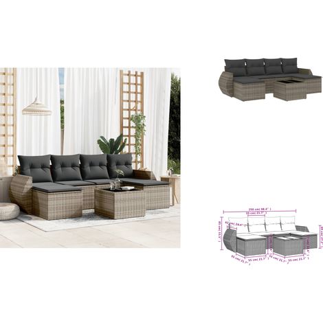 7-tlg. Garten-Sofagarnitur mit Kissen Grau Poly Rattan - Gartenmöbel Set - PE-Rattan Möbel - Outdoor Lounge - Garten Sofa - Esstisch Set (1/3)