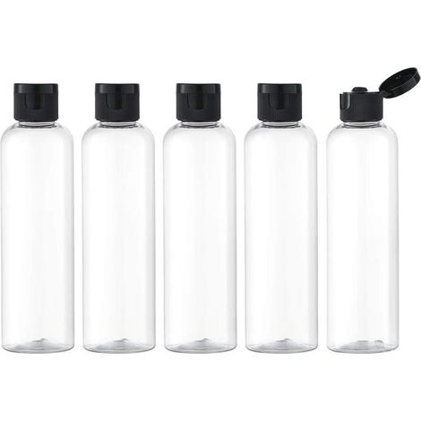 Bouteilles Pression Voyage - PET Transparent Noir - 120 ml 150 ml 200 ml - Bouchon Pivotant - Pour Shampoing Lotion Produits Toilette - Lot de 5 (1/5)