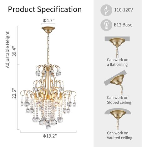 fünfflammiger Kristalllüster in Gold, H 57 cm, B 50 cm, E14-Fassung, für Wohnzimmer, Schlafzimmer, Küche (1/5)