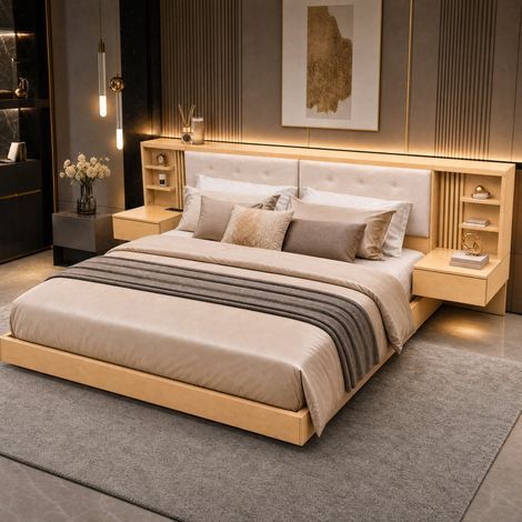 Lit double 180x200 cm avec rangement tête de lit, ports USB, tiroirs, beige, design moderne, sommier à lattes (1/5)