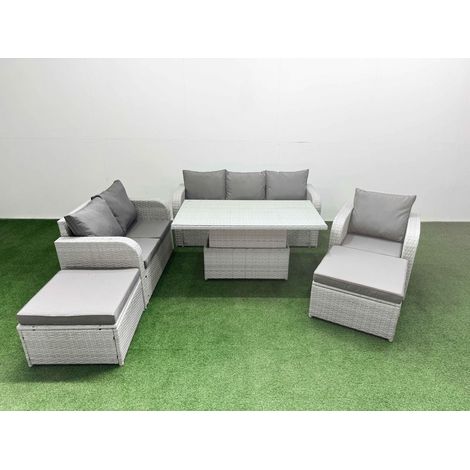 Fimous Patio PE Wicker 8 Seater Outdoor Rattan Furniture Sofa Sets with Adjustable Lifting Dining or Coffee Table Reclining Chair Loveseat Sofa 3 Seater Sofa 2 Big Footstools Light Grey (1/5)