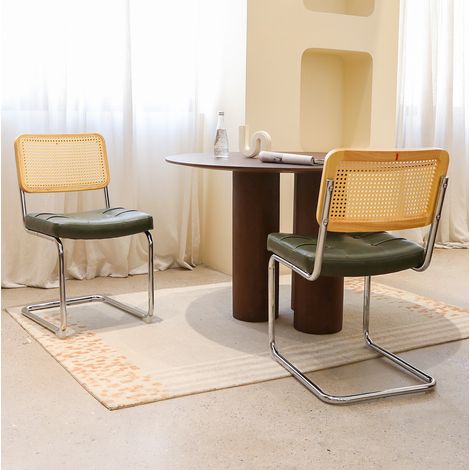 Lot de 4 chaises de salle à manger en velours avec dossier en rotin et pieds chromés style mid-century (1/5)