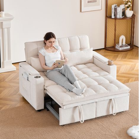 Sofá cama 3 en 1 de chenilla beige 142x89x89 cm con almacenaje para salón - MEUBLIV (1/5)