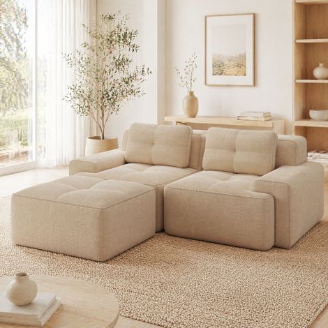 Sofá esquinero modular de 2 plazas en pana beige con otomana HAVRYA (1/5)