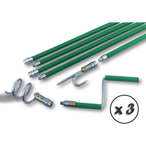 Kibros – Kit déboucheur canalisations Ø 70 mm – Lot de 3 cannes vertes 6,60 m – Système Kiblok avec manivelle et harpon – Pour débouchage et curage