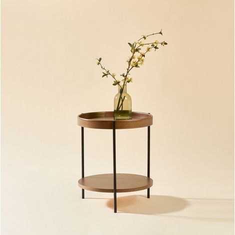 Lot de 2 tables basses rondes à 2 plateaux en bois et MDF, finition bois foncé, structure en fer noir, Ø69 x 38 cm et Ø44 x 48 cm, design moderne FLORAGRACE (1/5)