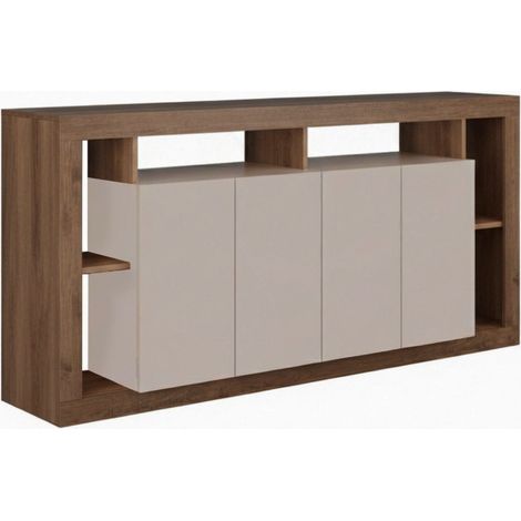 Buffet 4 portes avec encadrement 6 niches beige et aspect bois finition Mercure - LIMANI (1/4)