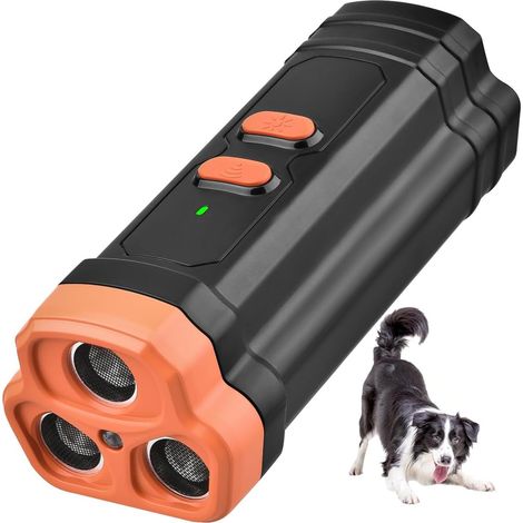 Dispositivo antiabbaio con repellente per cani a ultrasuoni a tripla testa, luce LED, addestramento comportamentale per interni ed esterni, indicatore di batteria per cani di piccola e media taglia. (1/5)