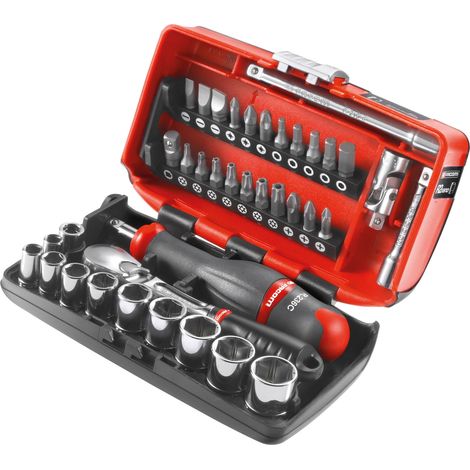 Facom Sortiment 1/4" - Antriebselemente, Bits Serie 1, Sechskant-Steckschlüssel, Umschaltknarre ultrakompakter Kasten, 38-tlg.