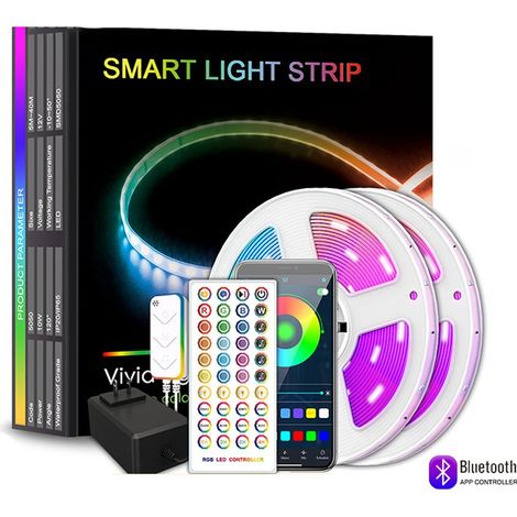 Bande LED RGB Bluetooth - Rouleau de 30 m/40 m, guirlande lumineuse contrôlée par la musique, application intelligente et télécommande, 12 V, intensité variable