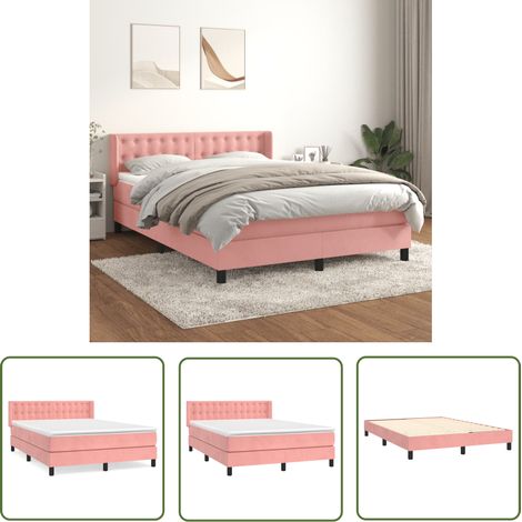 The Living Store Sommier à lattes de lit avec matelas Rose 140x190 cm Velours - Lit Tapissier - Lit Velours - Lit Double - Literie - Chambre À Coucher (1/5)