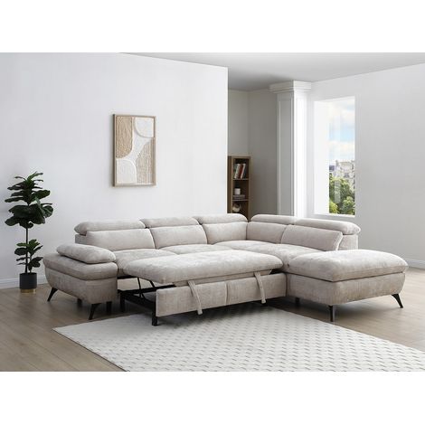 Canapé d'angle droit convertible avec dossier méridienne en tissu texturé beige SURDELI