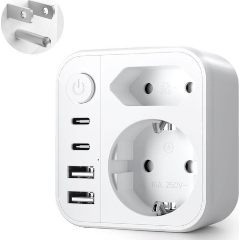 6 en 1 Adaptateur Prise USA, Adaptateur Prise USA vers France, Adaptateur Prise France vers USA Canada avec 2 USB A et 2 USB C, pour Canada Américaine Mexique Thailande Dominicaine