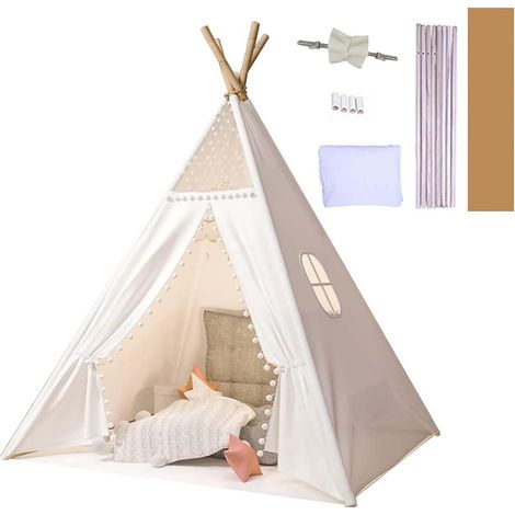 Tipi Enfant Intérieur avec Tapis & Guirlande Lumineuse - Cabane Enfant en Toile pour Chambre Bébé Fille & Garçon, Tente de Jeux Pliable Intérieur/Extérieur, Déco Maison & Cadeau 3 Ans+ (1/5)