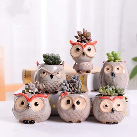 Pot en céramique en forme de hibou pour plantes succulentes, avec pots de fleurs, cactus, jardinière, décoration pour bureau, jardin et maison (gris) (1/5)