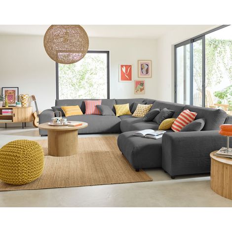 Lisa Design – Canapé modulable d'angle gauche 8 places – Velours côtelé gris foncé – Coussins déhoussables – Idéal pour soirées cinéma