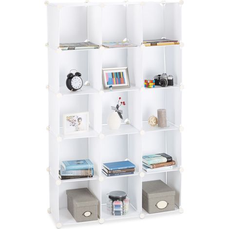 Relaxdays Scaffale Componibile, in Plastica, Divisorio Ambienti, Cubi a Incastro, 15 Scomparti, Separè, Bianco