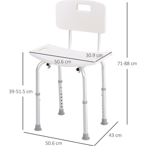 Chaise de douche réglable en hauteur avec base antidérapante. Munie de trous de drainage et de ventouses. Fabriquée en plastique et en aluminium. Dimensions : 50,6 x 43 x 71-88 cm (1/5)