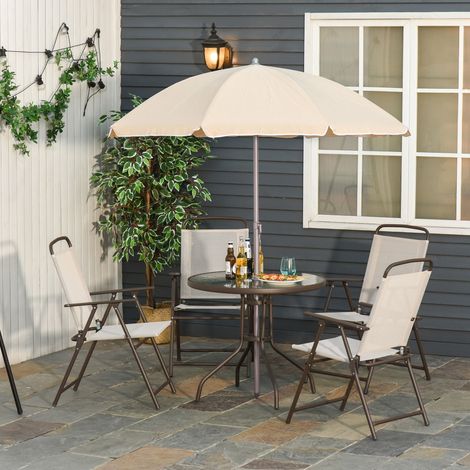 Ensemble de mobilier de jardin en tubes d'acier 6 pièces. Table de jardin avec chaises et parasol. Couleur crème.