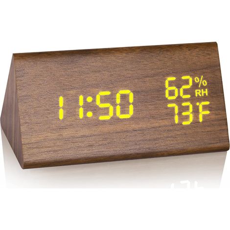 Crediri Digitaler Wecker aus Holz, LED-Zeitanzeige, digitale Tischuhr aus Holz mit 6 Helligkeitsstufen, Temperatur- und Feuchtigkeitserkennung, dreieckige elektrische Nachttischuhr für Schlafzimmer, N (1/5)