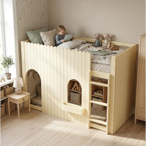 Cama alta infantil de 90x200 cm con LED multicolores, escalera recta de 3 peldaños, espacio de almacenamiento, madera natural. (1/5)