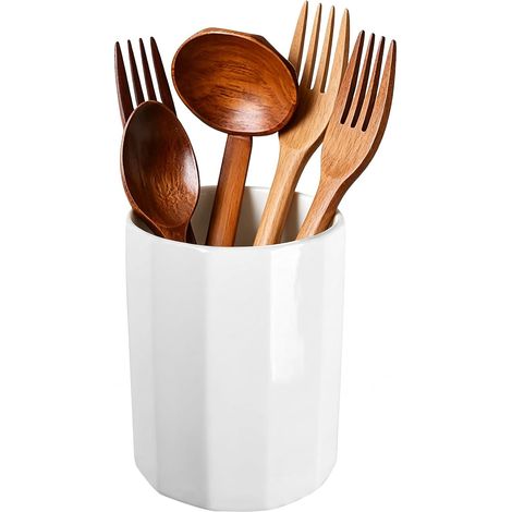 Pot Ustensiles Cuisine en Céramique 12.5 x 10 cm, Porte Ustensiles Cuisine pour Spatule et Cuillère, Pot a Couvert Multifonctionnel pour Comptoir, Décoration de la Maison Blanc (1/5)