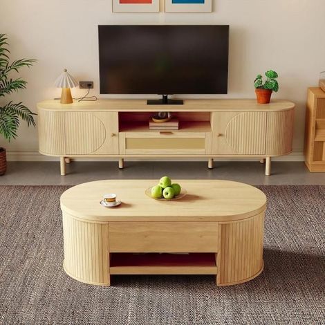 Meuble télévision - KOMHTOM - Ensemble meubles salon - Table basse relevable - Rangement rotin - Bois MDF (1/5)