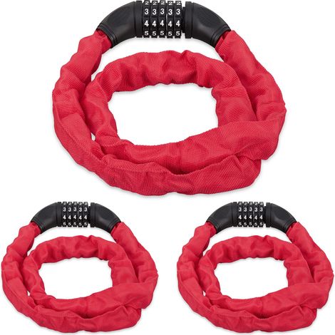 3x Lucchetto a Combinazione per Bicicletta, Catenaccio Sicurezza con Codice a 5 Cifre, in Acciaio, 120 cm, Rosso