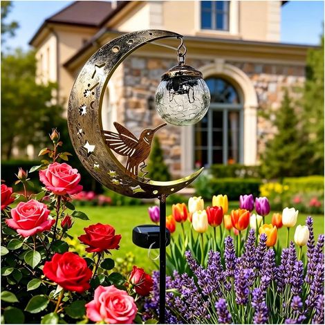 Lampe solaire en forme de croissant de lune avec globe en verre craquelé, étanche pour terrasse, pelouse, cour, jardin (1 pièce) (1/5)