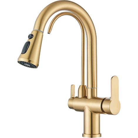 Robinet de cuisine robinet m¨langeur d'¨vier de cuisine 3 voies or avec Spray extractible 360 degr¨s pivotant robinet de cuisine robinet m¨langeur double poign¨e 3 modes Spray robinet m¨langeur d'¨vie (1/5)
