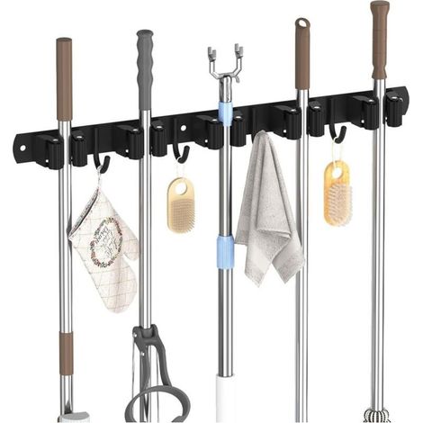 AIDUCHO Accroche Balai Mural, Porte Balai Mural avec 5 Support et 4 Crochets, Range Balai Mural en Acier Inoxydable pour la Cuisine, Le Garage, Le Jardin, Noir (1/5)