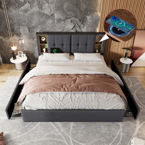 Lit double rembourré 160x200 cm gris en lin, recharge sans fil, USB et USB-C, tête de lit avec rangements, 4 tiroirs, sommier à lattes en bois inclus, sans matelas (1/5)