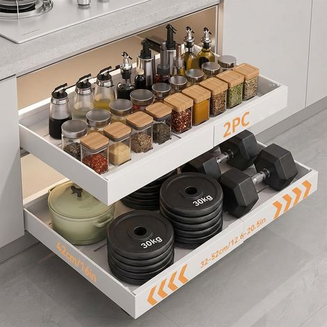 Set of 2 Kitchen Sliding Drawers, Adjustable Width from 32 to 52 cm, Self Adhesive Drawer without Drilling, Kitchen Storage for Cupboard, White (1/5)