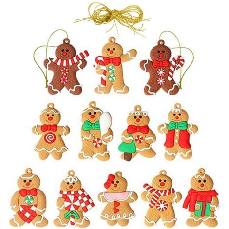 12 Pièces Bonhomme Pain d'Epice, Ornements et Décorations pour Sapin de Noël, avec Cordes, pour Cadeaux (1/2)