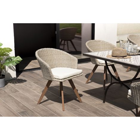 Macabane – Chaise de jardin en rotin synthétique et bois d'acacia – Coussin écru – Dimensions 63x62x78 cm – Confort moderne pour extérieur (1/5)