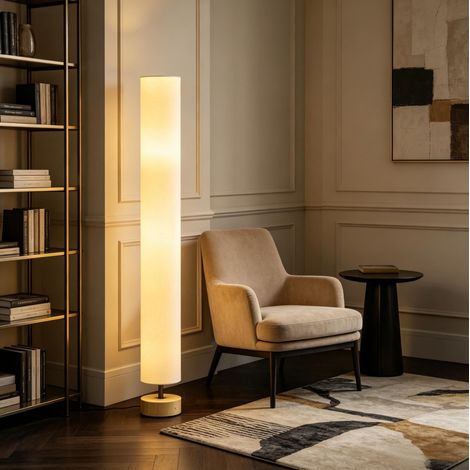 Lampada da terra beige con paralume in lino, 2 attacchi E27, interruttore a pedale, H 120 cm (1/5)