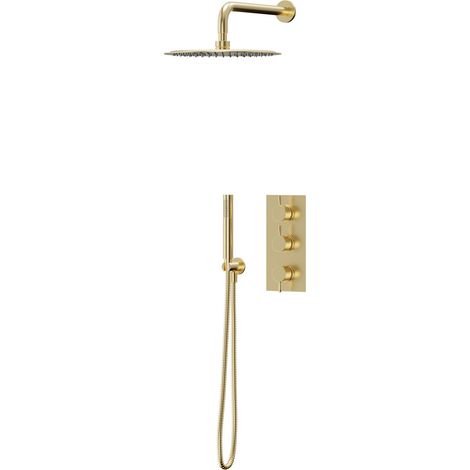 Colore Brushed Brass Triple Thermostatic Valve Mixer Shower Including 300mm Round Fixed Shower Head with Wall Arm and Round Shower Outlet Holder with Kit - 2 Outlet (1/3)