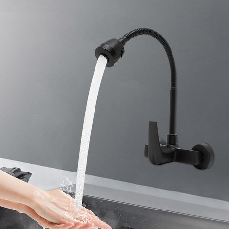 Küchenarmatur Wandmontage, 360° Drehbar, 2 Wasserauslass-Modi, Universalschlauch Gebogen Werden, Schwarz Einhebelmischer küche, für Küchen, Bädern (1/5)