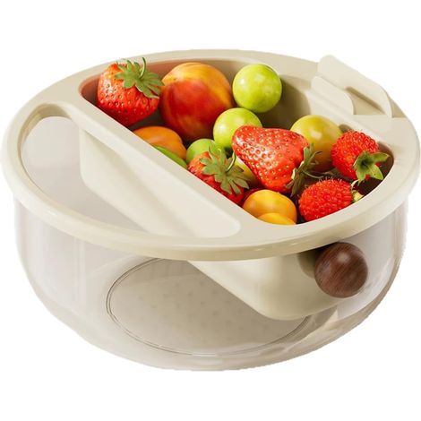 Bac à collations et à fruits multifonctionnel à double compartiment crème avec boutons en bois de noyer, bac de stockage de séparation de 16,2x9,9 cm pour graines, baies et collations (1/5)