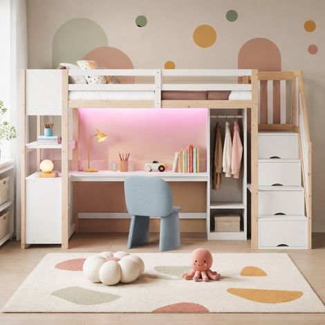 CHICFURN Cama alta 90x200 cm blanca y madera con escritorio, armario, almacenaje y LED (1/5)