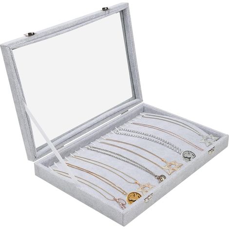 Organisateur de bijoux en velours gris, présentoir de rangement, plateau avec 20 crochets et couvercle en verre verrouillable – Poubelle empilable pour tiroir – Pour colliers, bracelets, boucles d'ore (1/5)