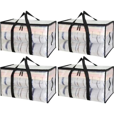 Grand Rangement Vetement 90L, 4 Pièces Boîte de Déménagement Transparente, Sac Rangement Vetement, sac rangement couette, Housse Vetement avec poignée pour Ranger et Organiser les Vêtements (1/5)